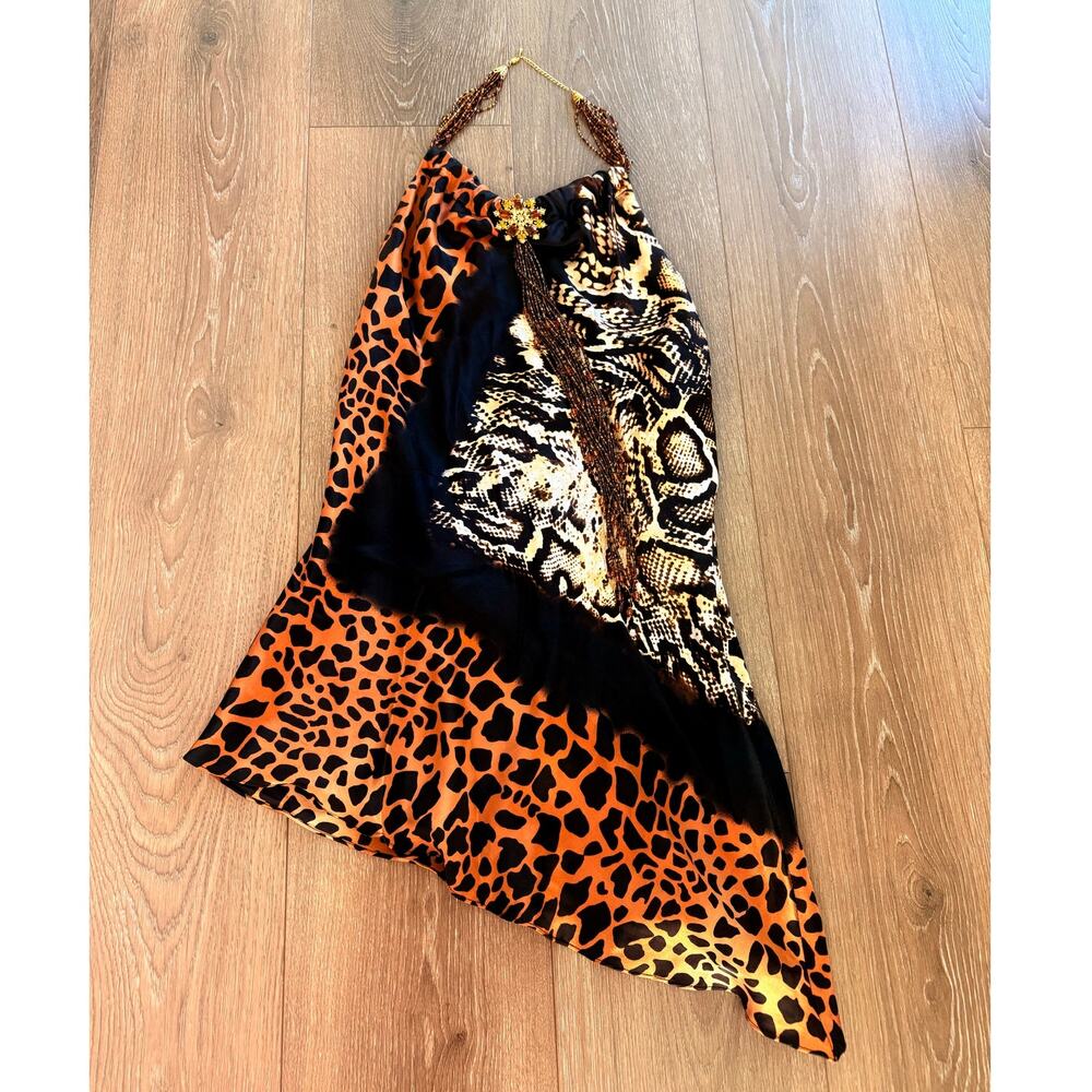 Mary L. Couture Silk Snake Leopard Halter Bead Embellished Asymmetric Mini Dress